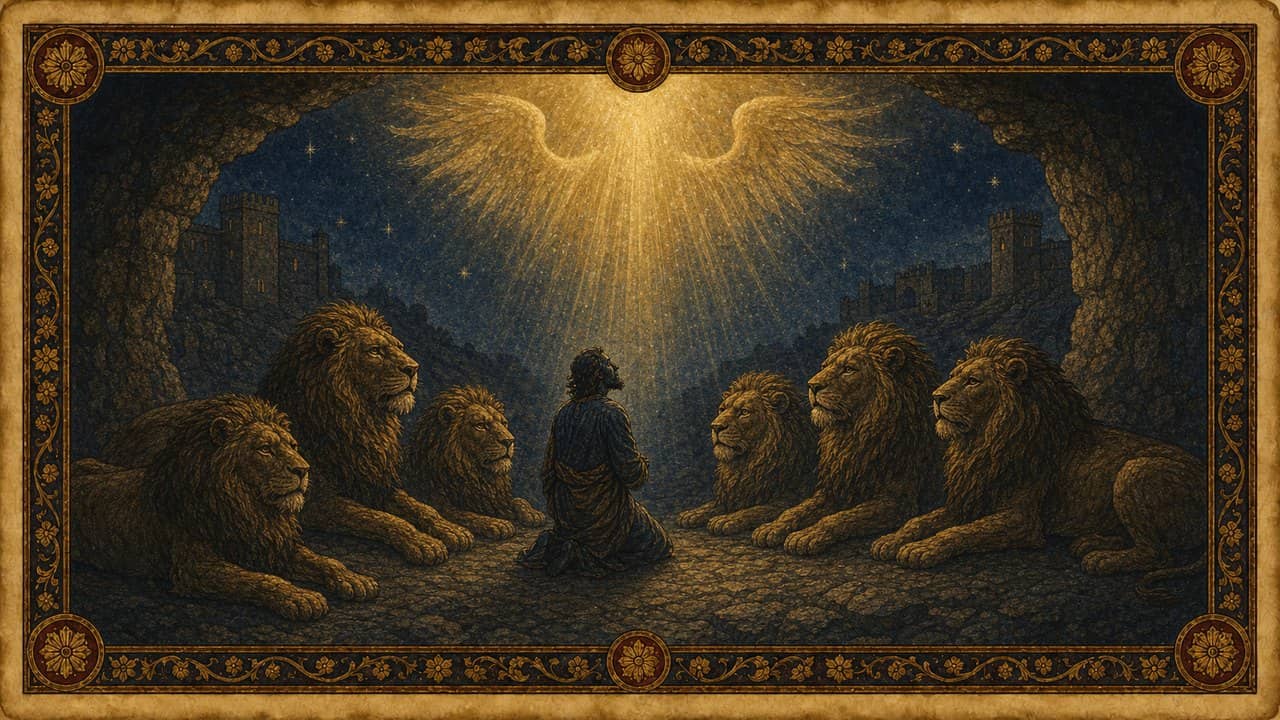 Illustration for The lions' mouths shut — God's angel, unseen