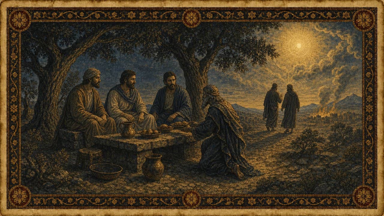 Illustration for Three visitors at the oaks of Mamre — Three men — Yahweh and two angels (GEN 18:22; 19:1)