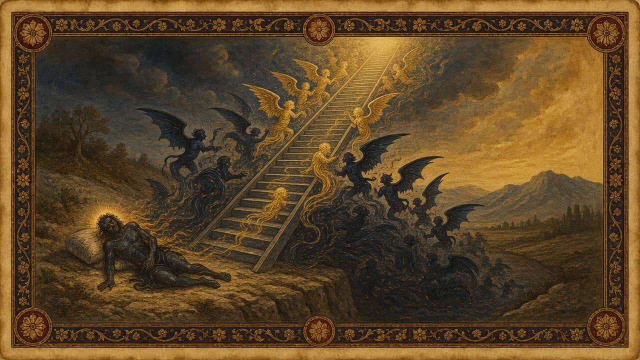 Illustration for Jacob's stairway at Bethel — The angels of God