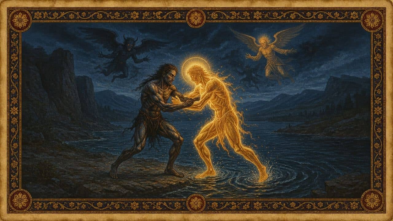 Illustration for The wrestling at Peniel — "A man" (HOS 12:4 calls him the angel)
