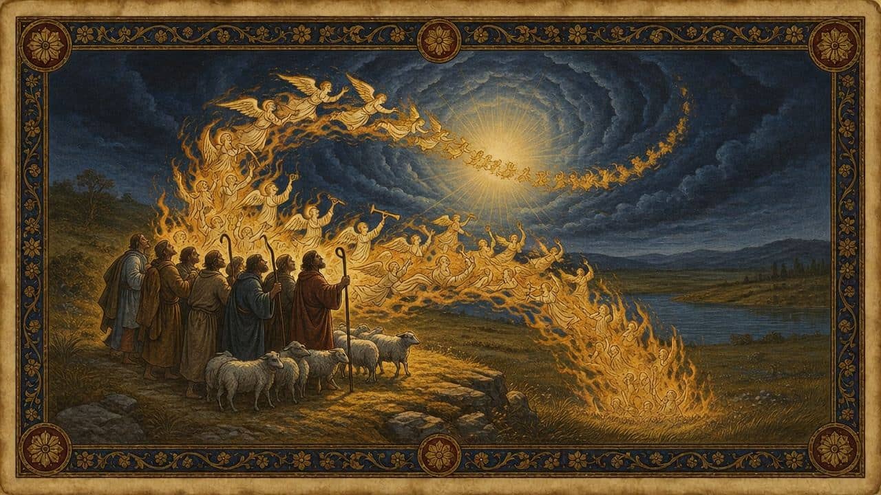 Illustration for The shepherds and the multitude — An angel of the Lord, then a multitude of the heavenly army