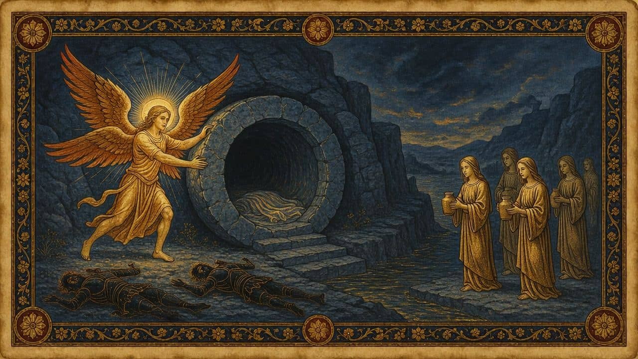 Illustration for The stone rolled back — An angel of the Lord