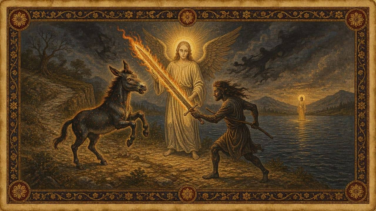Illustration for Balaam's donkey sees first — Yahweh's angel