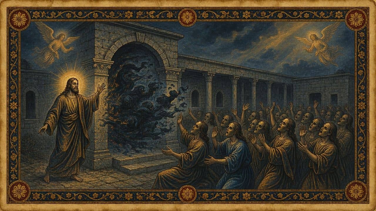 Illustration for The Capernaum synagogue — The synagogue at Capernaum, on the Sabbath