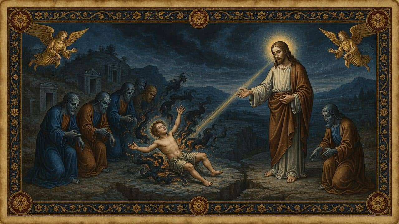 Illustration for The boy the disciples could not deliver — Below the mountain of the transfiguration