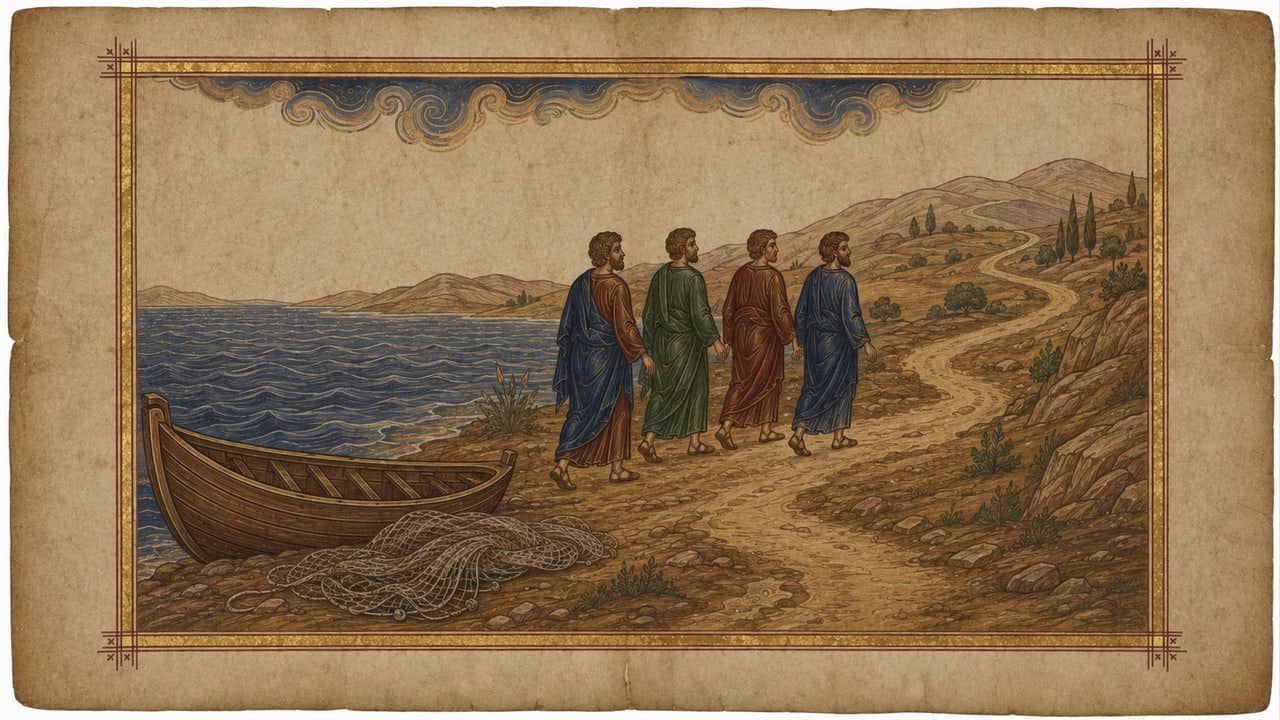 Manuscript illustration of four fishermen leaving a boat and nets beside the lake and turning toward a path through ochre hills