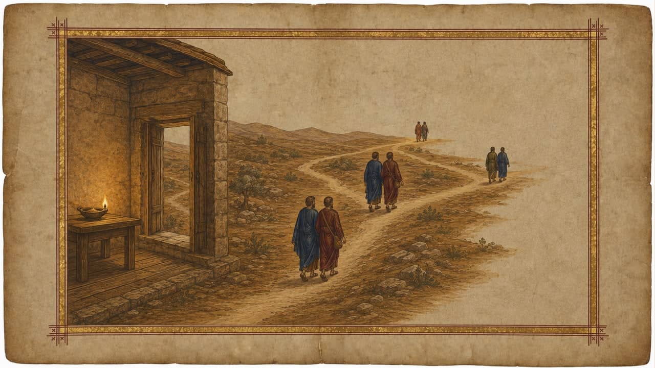 Symbolic manuscript illustration of a lamplit stone room and pairs of travelers on unmarked paths fading into parchment