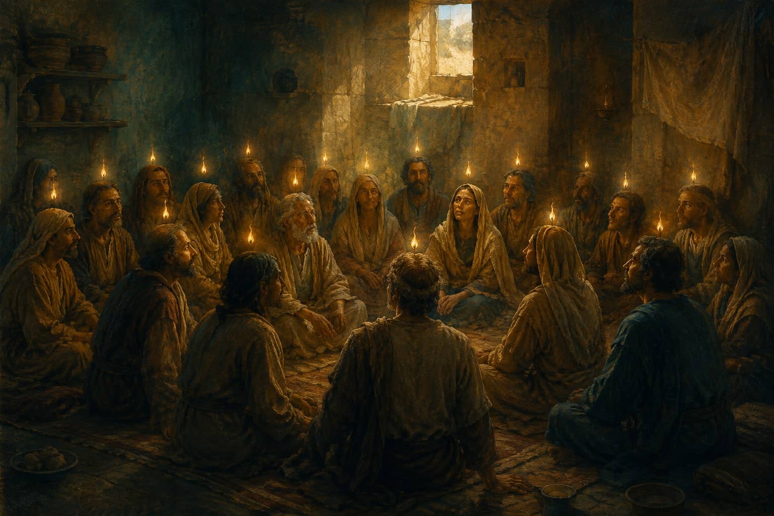 A community sits together in a simple Jerusalem house, with small forms like flame above them. Interpretive illustration.