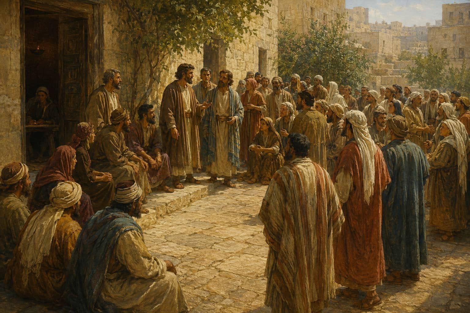 People of different ages gather to listen in a Jerusalem street. Interpretive illustration.