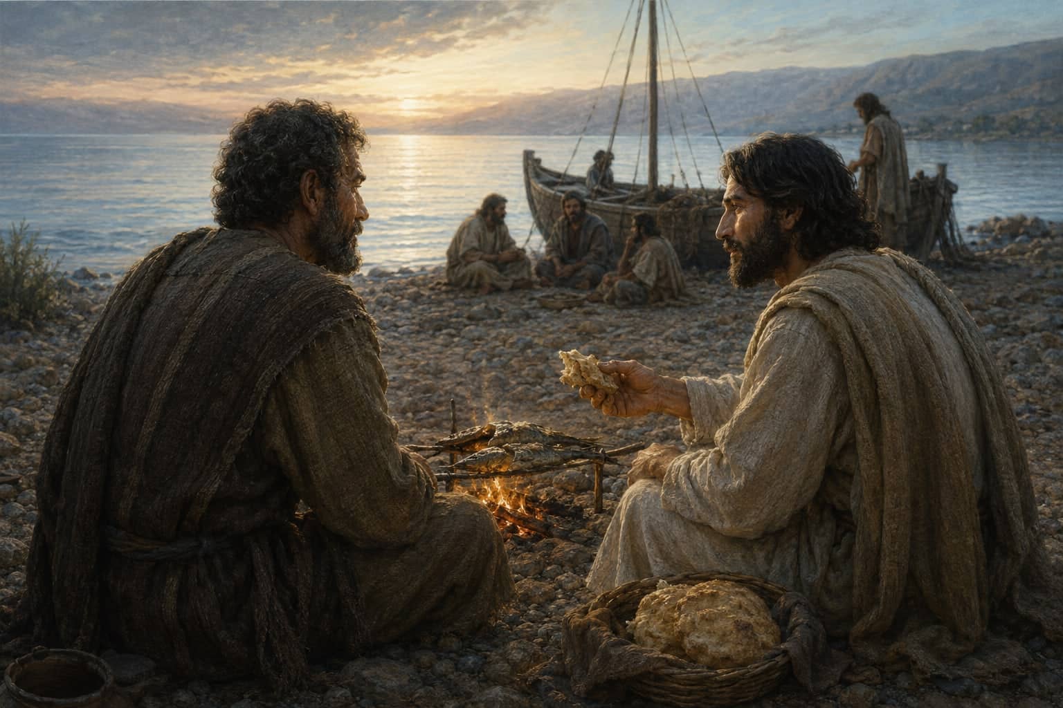 Jesus offers bread beside a charcoal fire as Peter sits with him on the shore. Interpretive illustration.