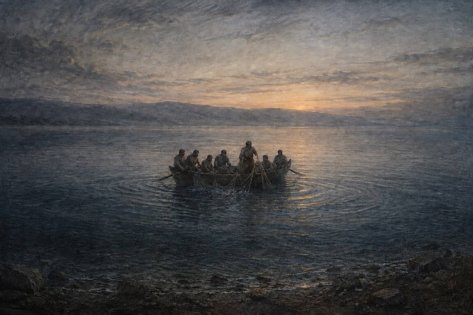 Disciples tend an empty fishing net on a quiet lake before dawn. Interpretive illustration.