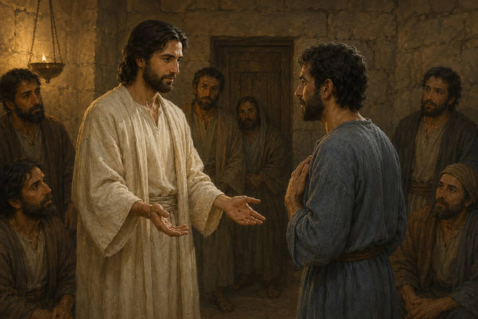 Jesus stands with open hands before Thomas, with space between them and no touch depicted. Interpretive illustration.
