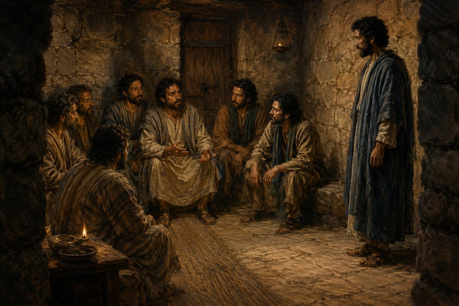 Thomas listens at the edge of a lamplit room while other disciples gather nearby. Interpretive illustration.