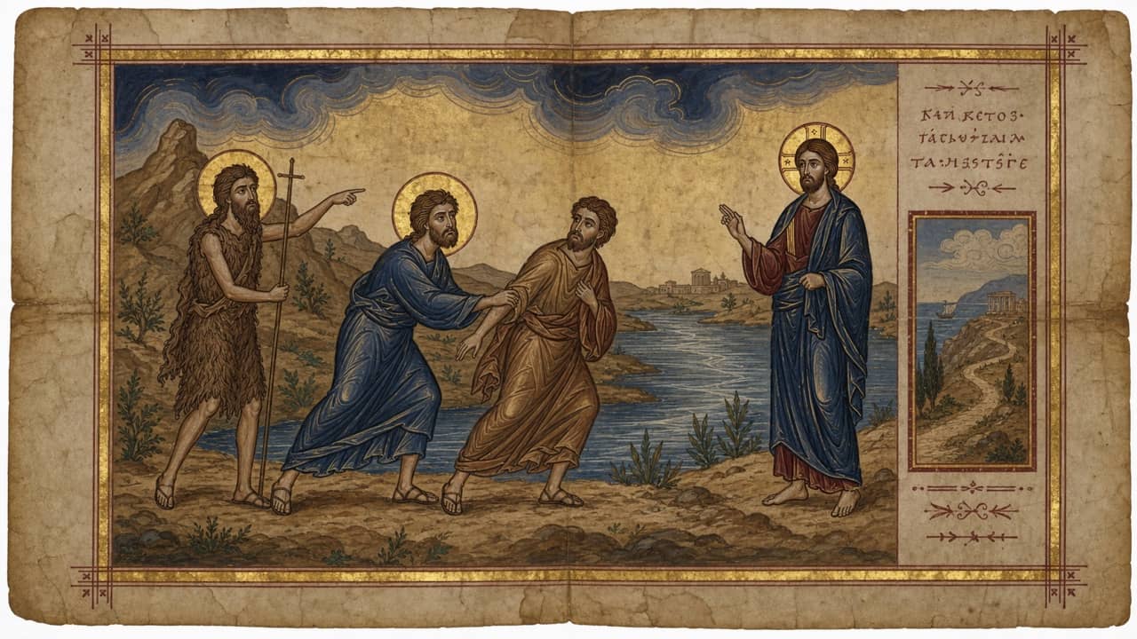 Illuminated manuscript scene of Andrew leading his brother Simon toward Jesus beside the Jordan while John the Baptist points