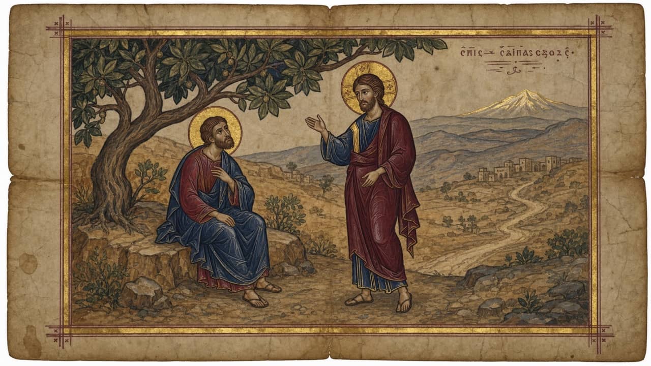 Illuminated manuscript scene of Nathanael beneath the fig tree looking toward Jesus with an Armenian plateau in the margin