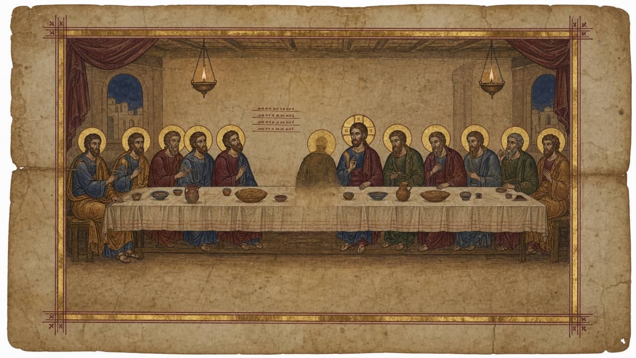 Illuminated manuscript scene of the ninth apostolic seat with its occupant turning away and fading honestly into the parchment