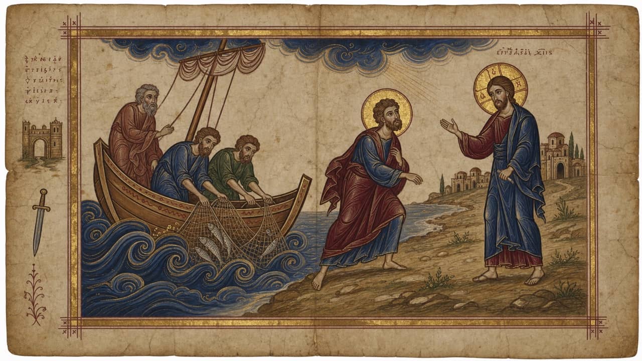 Illuminated manuscript scene of James stepping from the family fishing boat while Zebedee and the hired men hold the nets