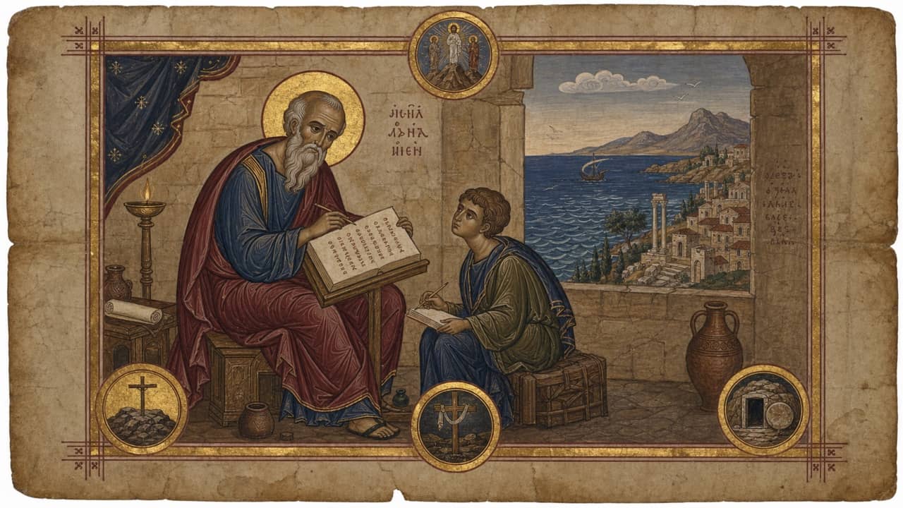 Illuminated manuscript scene of an aged John dictating to a young scribe in Ephesus with the Aegean visible beyond