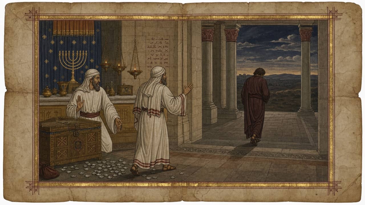 Illuminated manuscript scene without a halo showing Judas leaving the temple treasury as silver scatters behind him