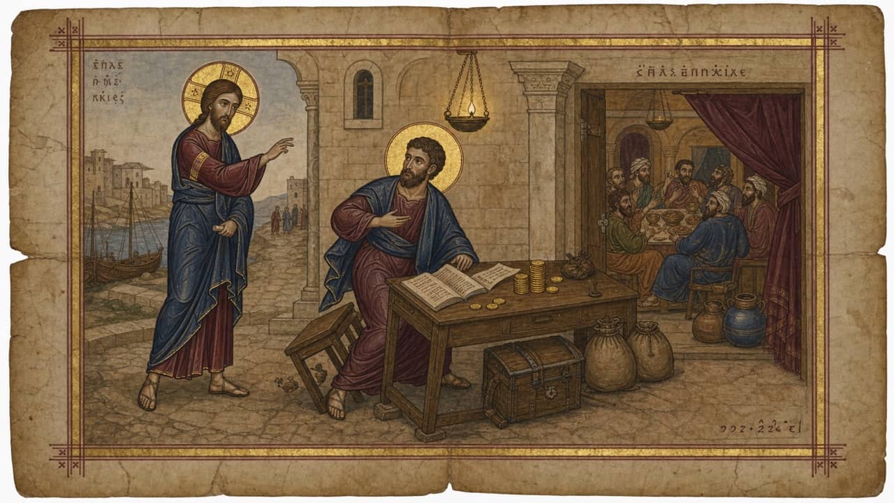Illuminated manuscript scene of Matthew rising from a Capernaum toll booth as his stool tips and a banquet gathers beyond