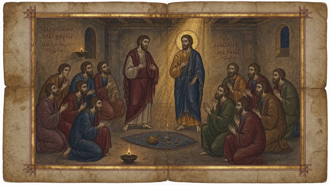 Illuminated manuscript scene of light falling on Matthias after the lots are cast while his figure fades toward the page edge