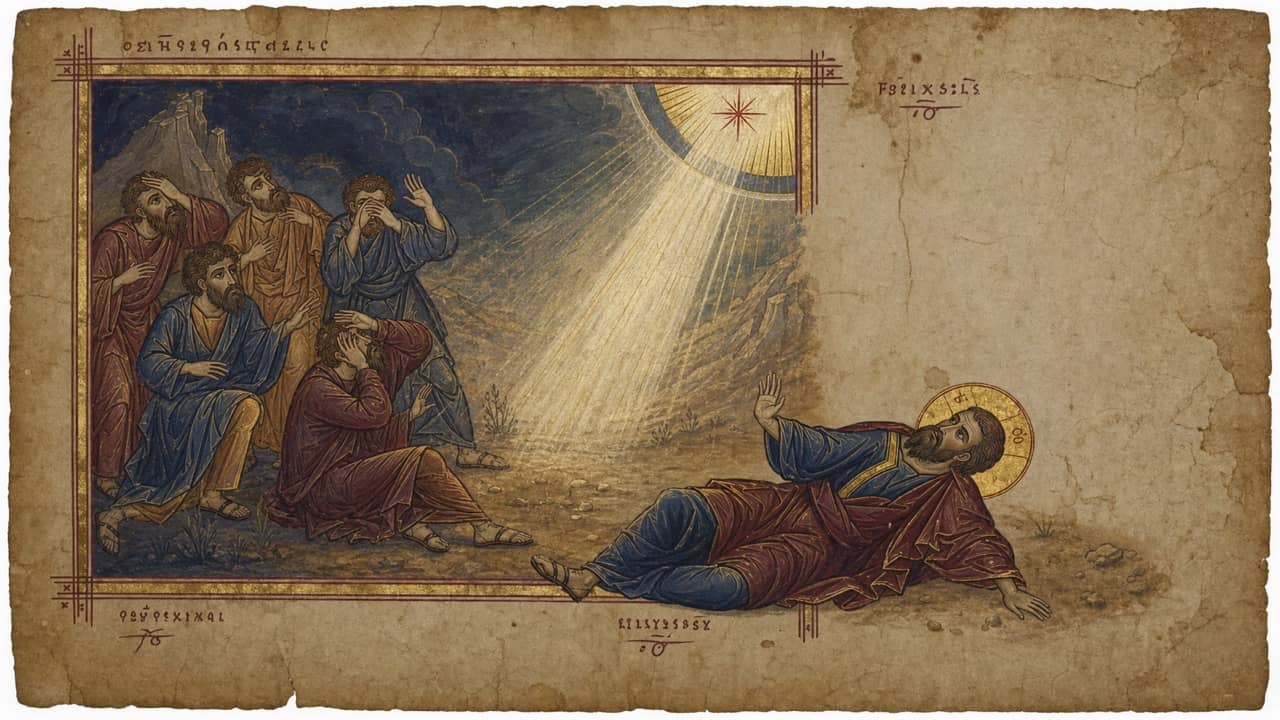 Illuminated manuscript scene of Paul fallen on the Damascus road beneath overwhelming light, placed beyond the ruled border