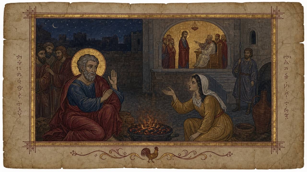 Illuminated manuscript scene of Peter denying Jesus beside a charcoal fire as Jesus turns toward him across the courtyard