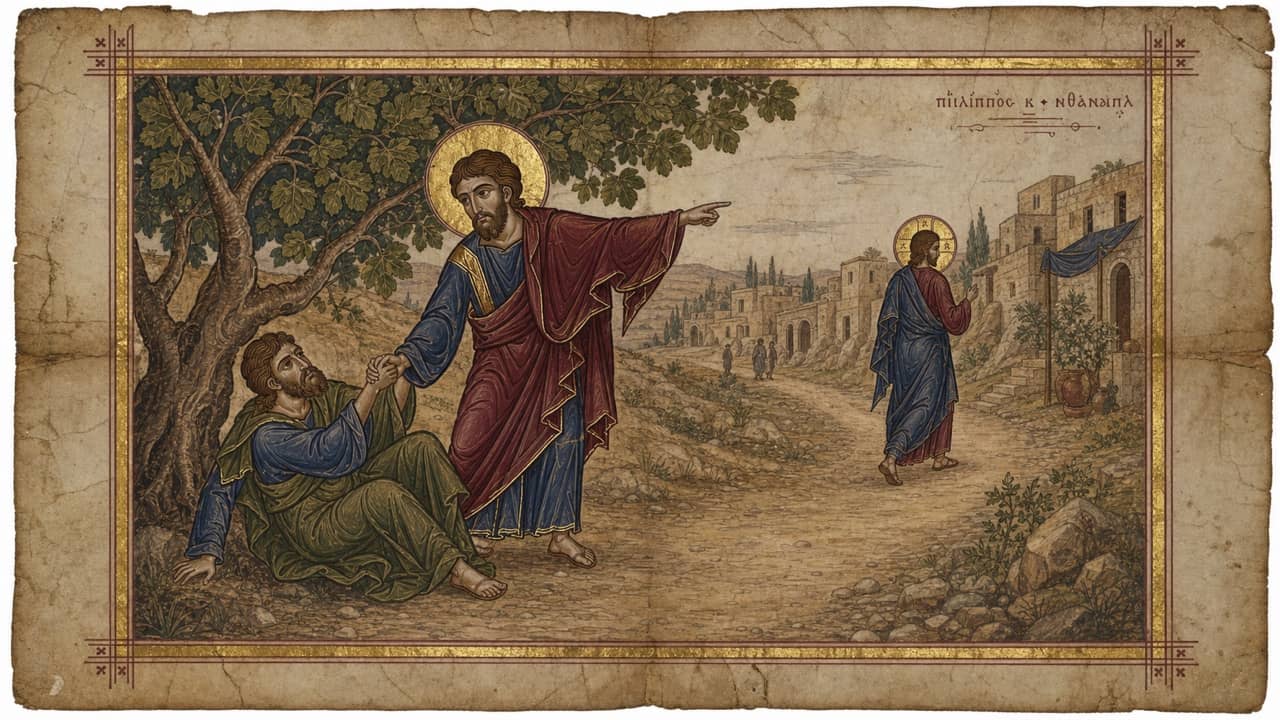 Illuminated manuscript scene of Philip drawing Nathanael from beneath a fig tree and pointing toward Jesus on the road