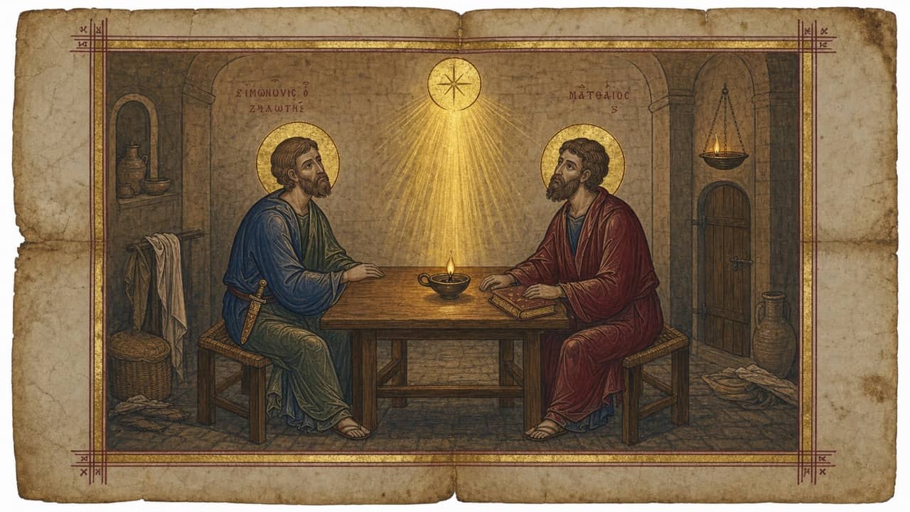 Illuminated manuscript scene of Simon the Zealot and Matthew seated at one table and turned toward the same central light