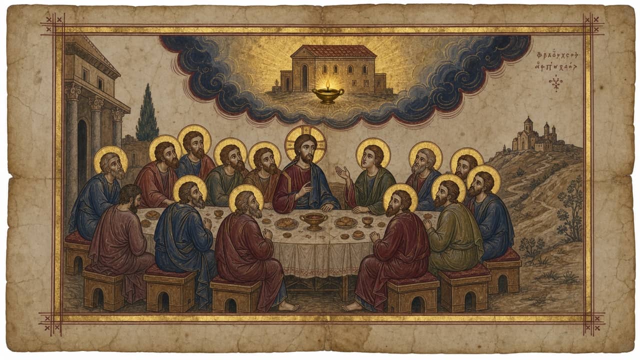 Illuminated manuscript scene of Thaddaeus asking his question at supper beneath a small gold house with a lamp