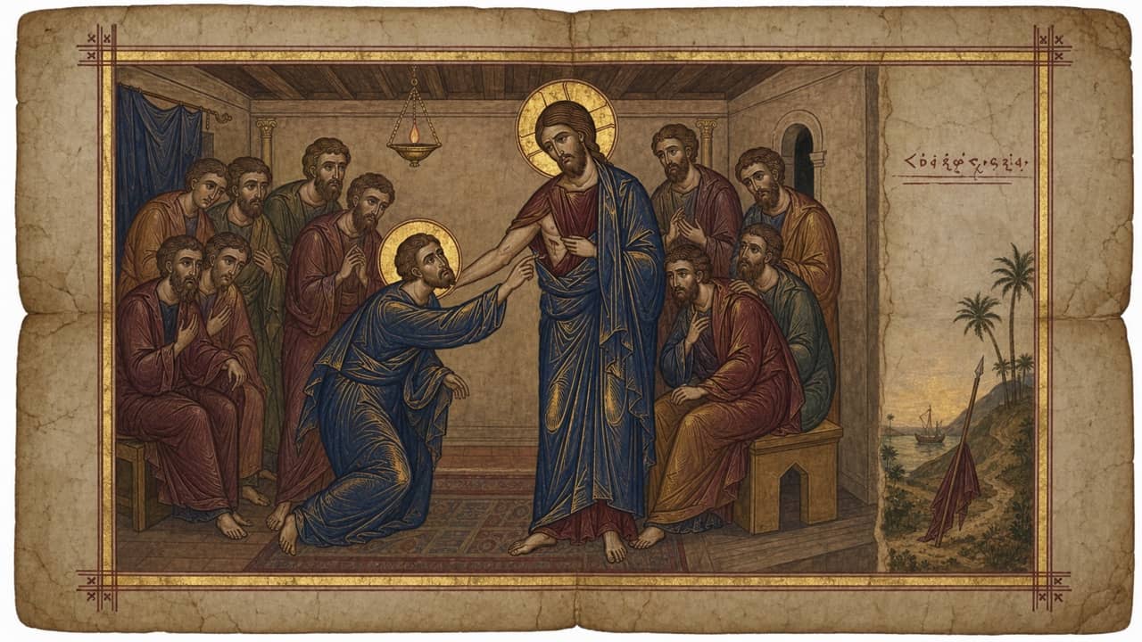 Illuminated manuscript scene of Thomas reaching toward the risen Jesus in the upper room as doubt gives way to recognition