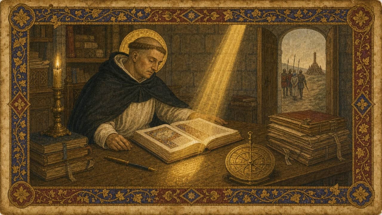 Manuscript illustration of Thomas Aquinas at the unfinished Summa, with scripture, an astrolabe, and a distant prisoner beyond the door.