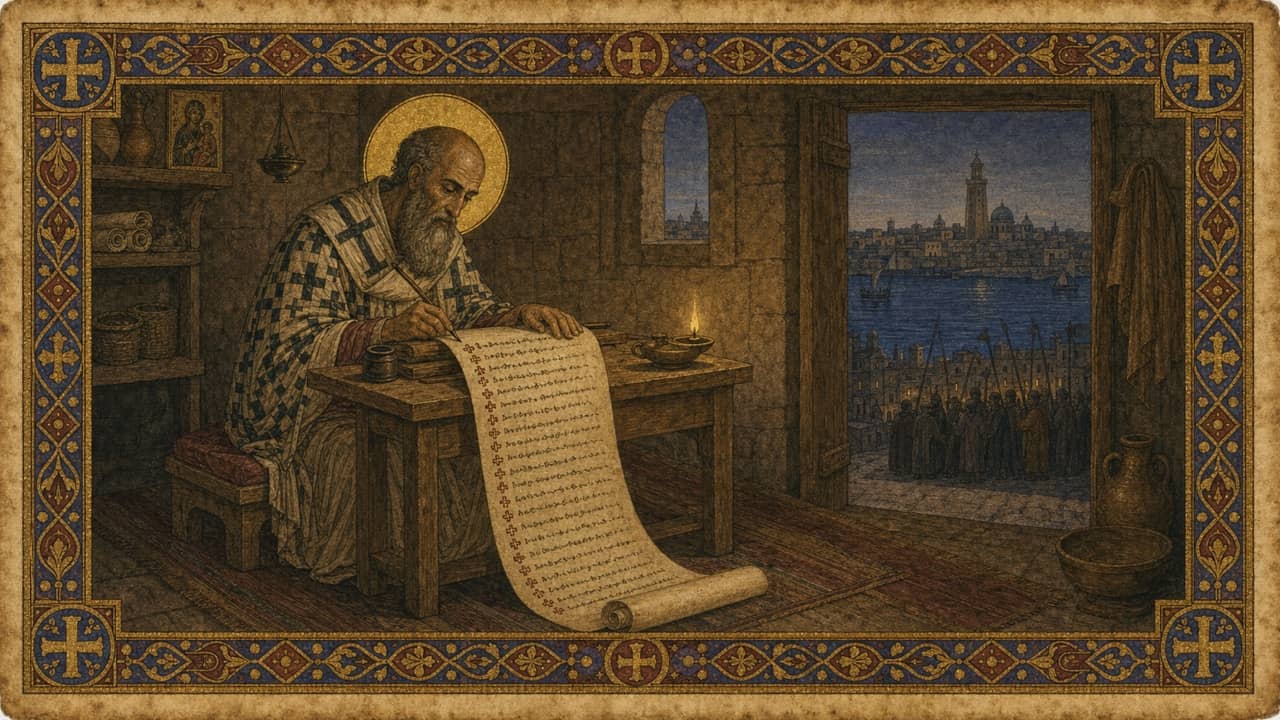 Manuscript illustration of Athanasius writing in exile, with Alexandria and a distant armed faction beyond his doorway.