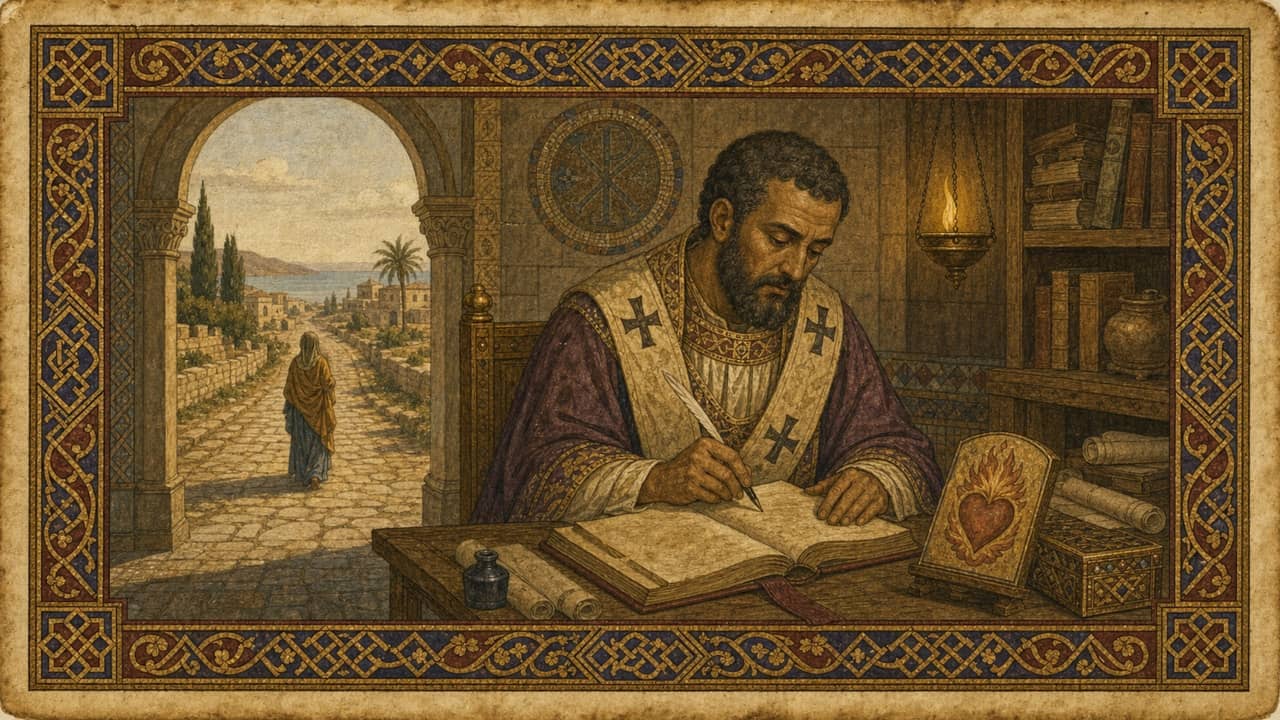 Manuscript illustration of Augustine writing in his Hippo study as a woman walks away alone along the road outside.