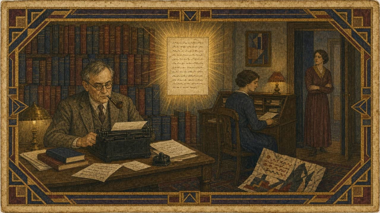 Art Deco manuscript illustration of Karl Barth at his typewriter, Charlotte von Kirschbaum at a nearby desk, and Nelly Barth standing apart in the doorway.