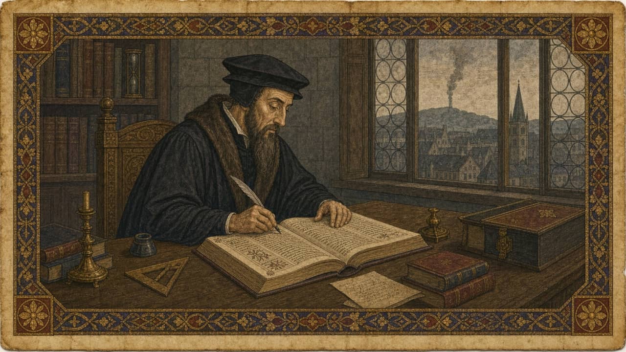 Manuscript illustration of John Calvin writing beside the open Institutes while a thin column of smoke rises beyond Geneva.