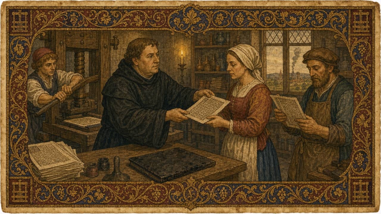 Manuscript illustration of Martin Luther sharing printed gospel pages in a Wittenberg shop, with a dark pamphlet and distant smoke also visible.