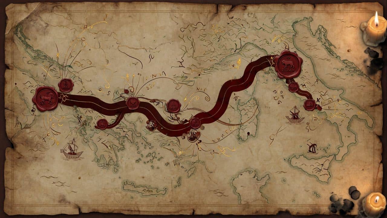 A storyteller's map of the eastern Mediterranean — Antioch to Rome with letter arcs at each stop