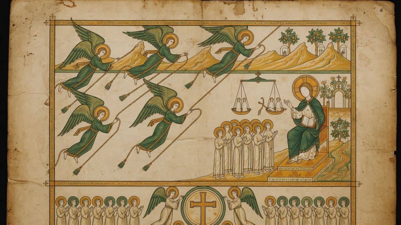 Illustration for Chapter 61 — LXI. Angels go off to measure Paradise: the Judgement of the Righteous by the Elect One: the Praise of the Elect One and of God — The Book of Enoch (1 Enoch)