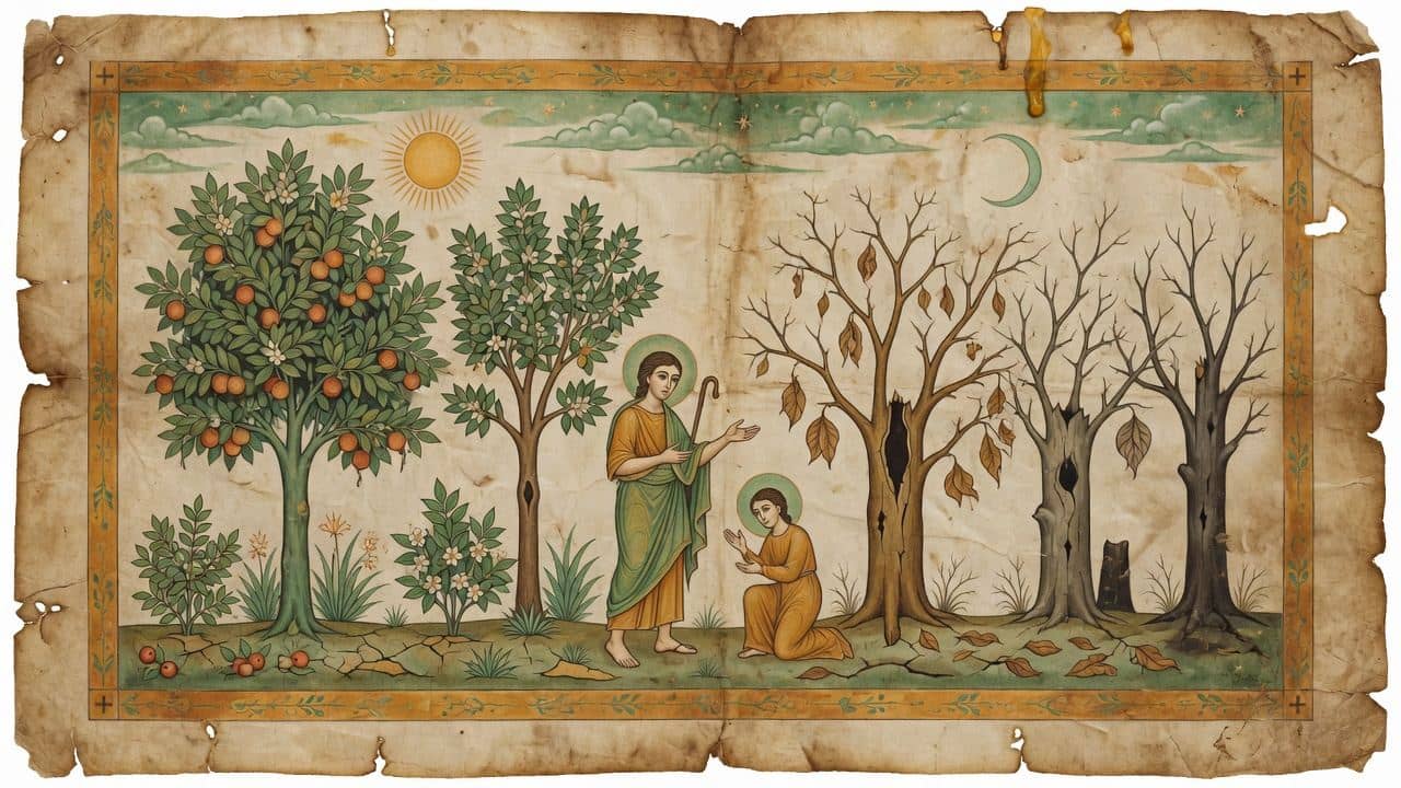 Illustration for Chapter 52 — As in Summer Living Trees are Distinguished from Withered by Fruit and Living Leaves, So in the World to Come the Just Differ from the Unjust in Happiness — The Shepherd of Hermas