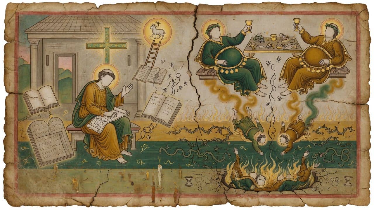 Illustration for Chapter 60 — Of the Two Classes of Voluptuous Men, and of Their Death, Falling Away, and the Duration of Their Punishment — The Shepherd of Hermas