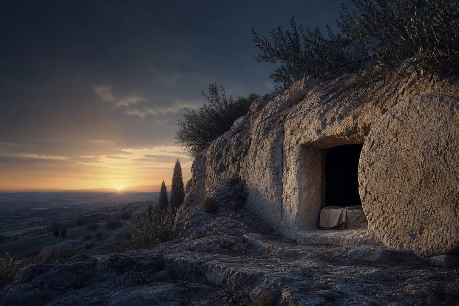 An empty first-century rock-cut tomb at dawn, its round sealing stone rolled aside