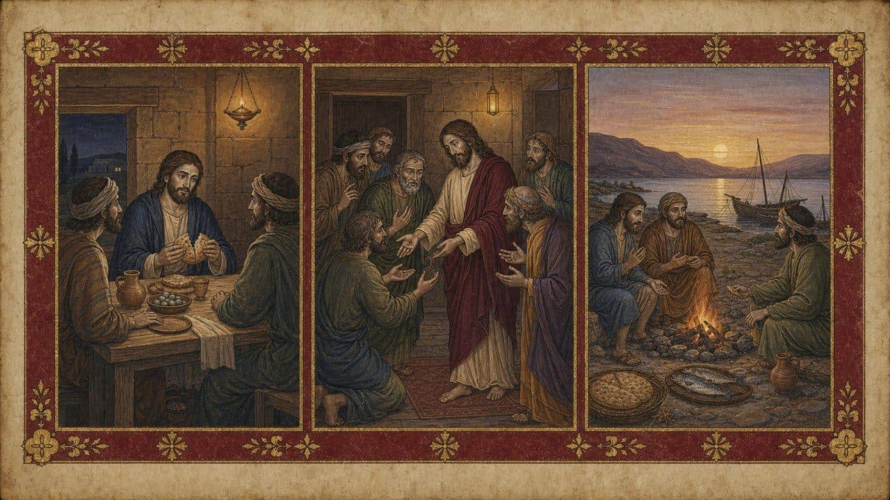 Three-panel illumination showing bread broken at Emmaus, Jesus offering his wounded hand indoors, and disciples beside a shore fire.