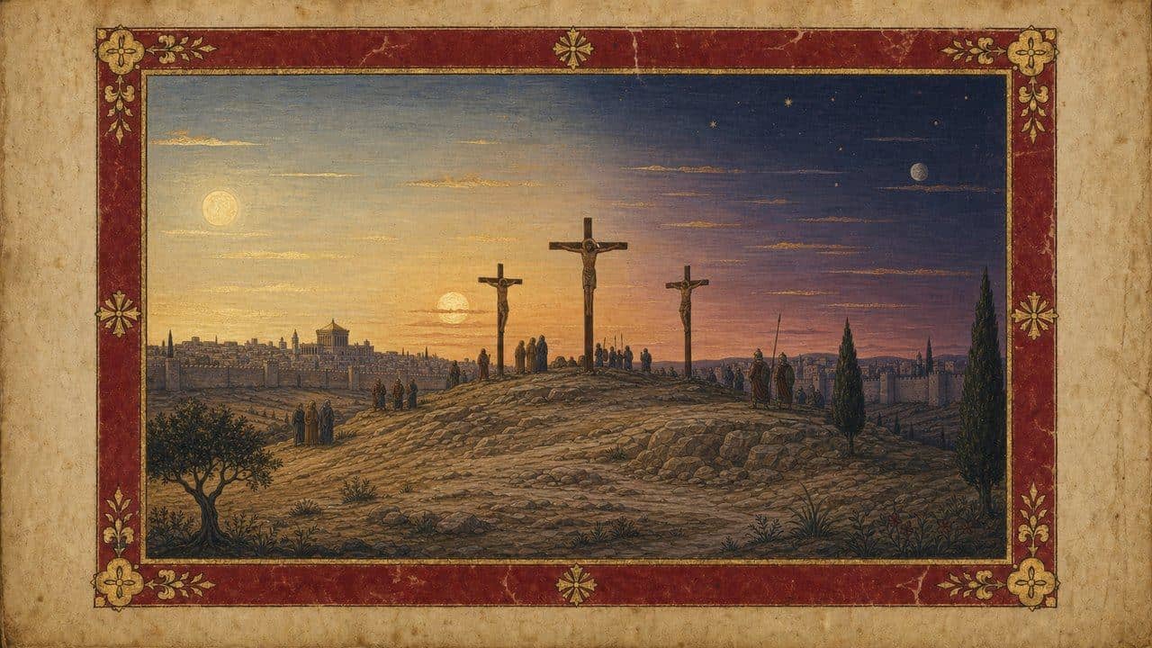Illuminated-manuscript panorama of three distant crosses as daylight gives way to darkness over Jerusalem.