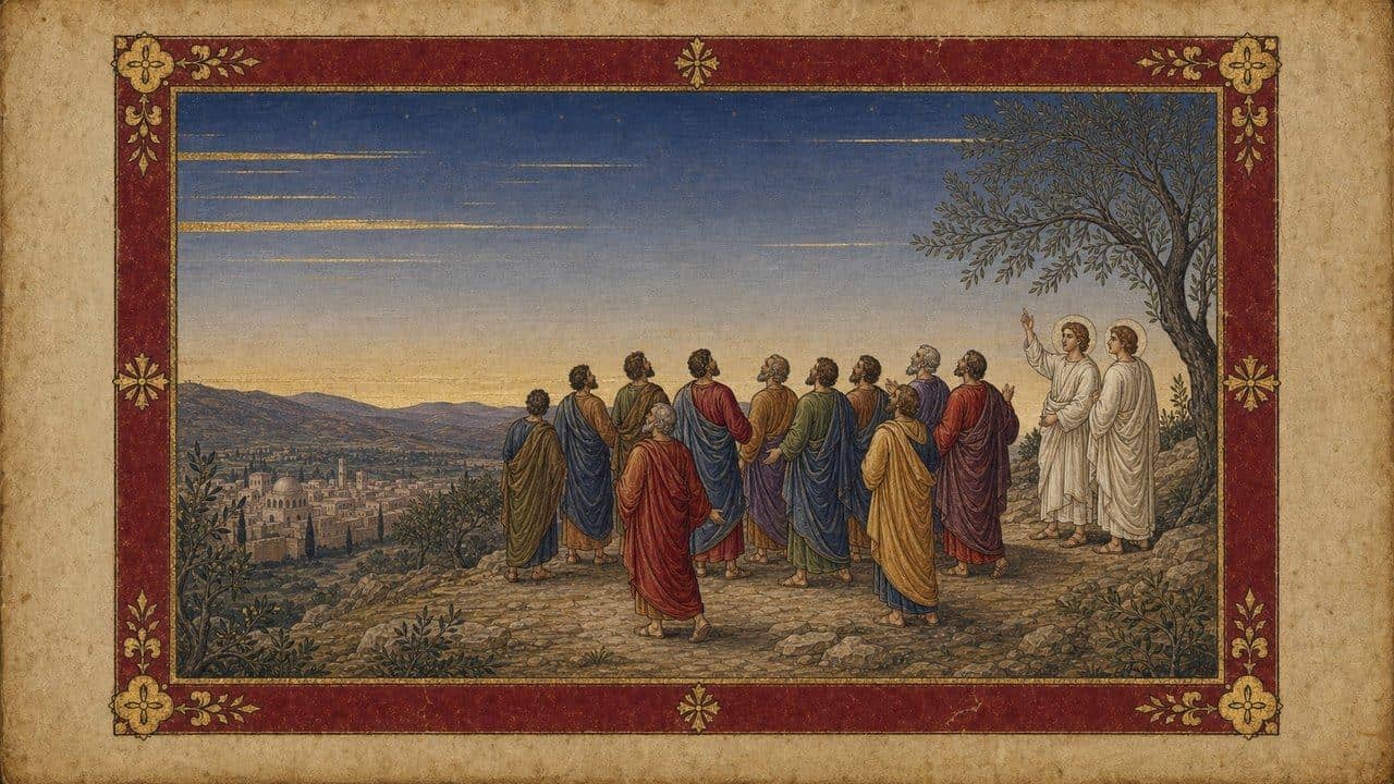 Illuminated-manuscript interpretation of the apostles looking into an empty sky on the Mount of Olives, with two figures in white nearby.
