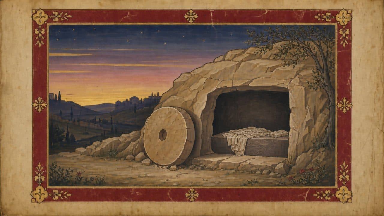 Illuminated-manuscript interpretation of an open rock-cut tomb at dawn, with burial linens resting inside.