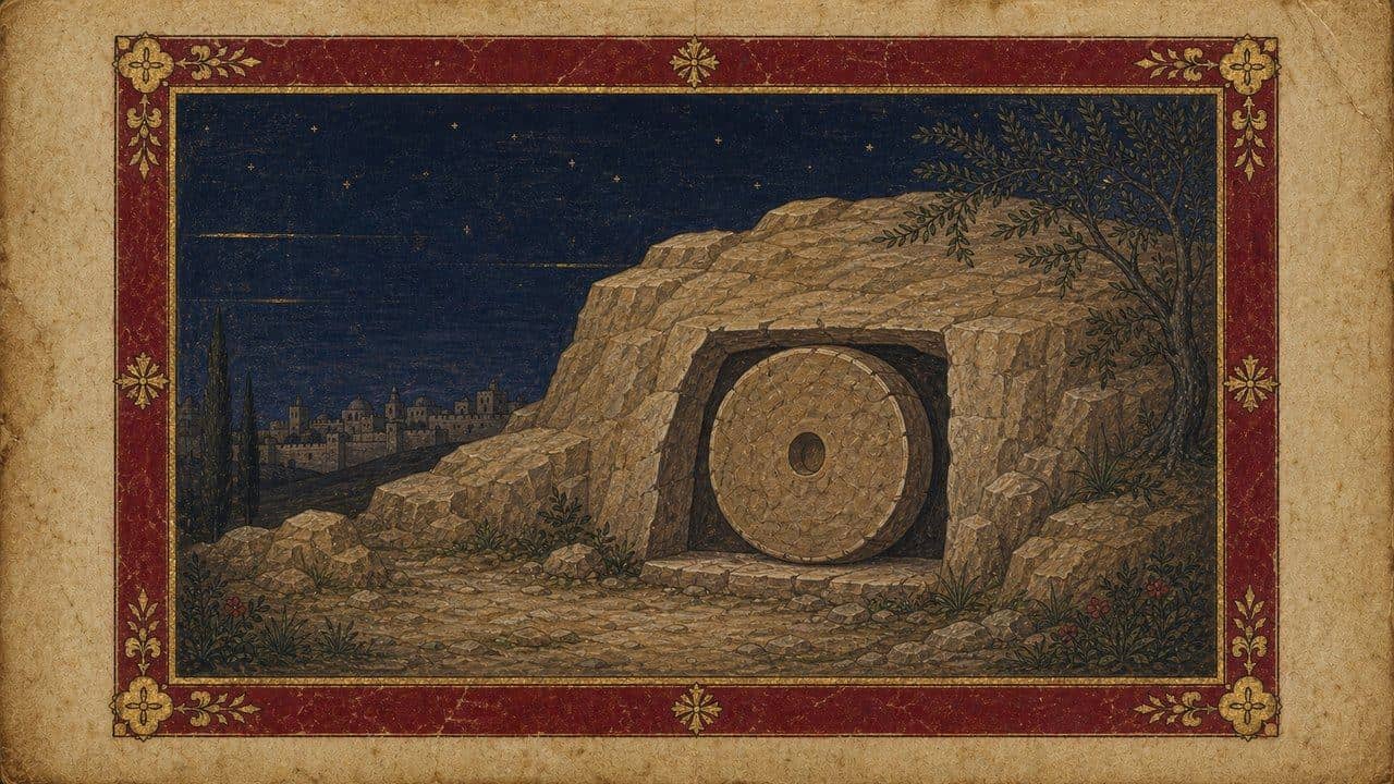 Illuminated-manuscript interpretation of a closed rock-cut tomb beneath a dark Sabbath sky.