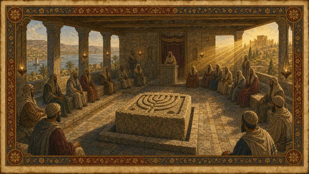 Reconstruction plate for The Magdala synagogue and its stone