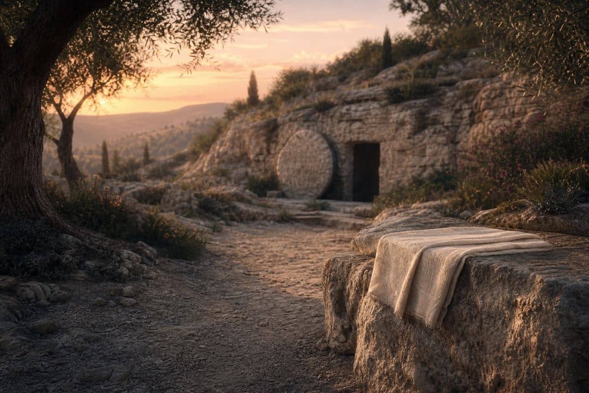 The stone rolled away from an open garden tomb at dawn, folded linen resting on the rock