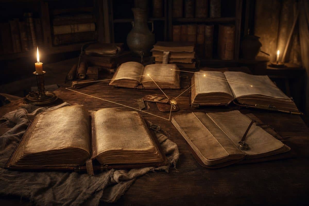 Open manuscript codices on a candlelit study table, joined by faint threads of light